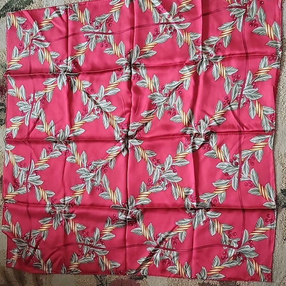 Vintage Oscar De La Renta Silk Square Scarf Red Cherry Print 34 X 35